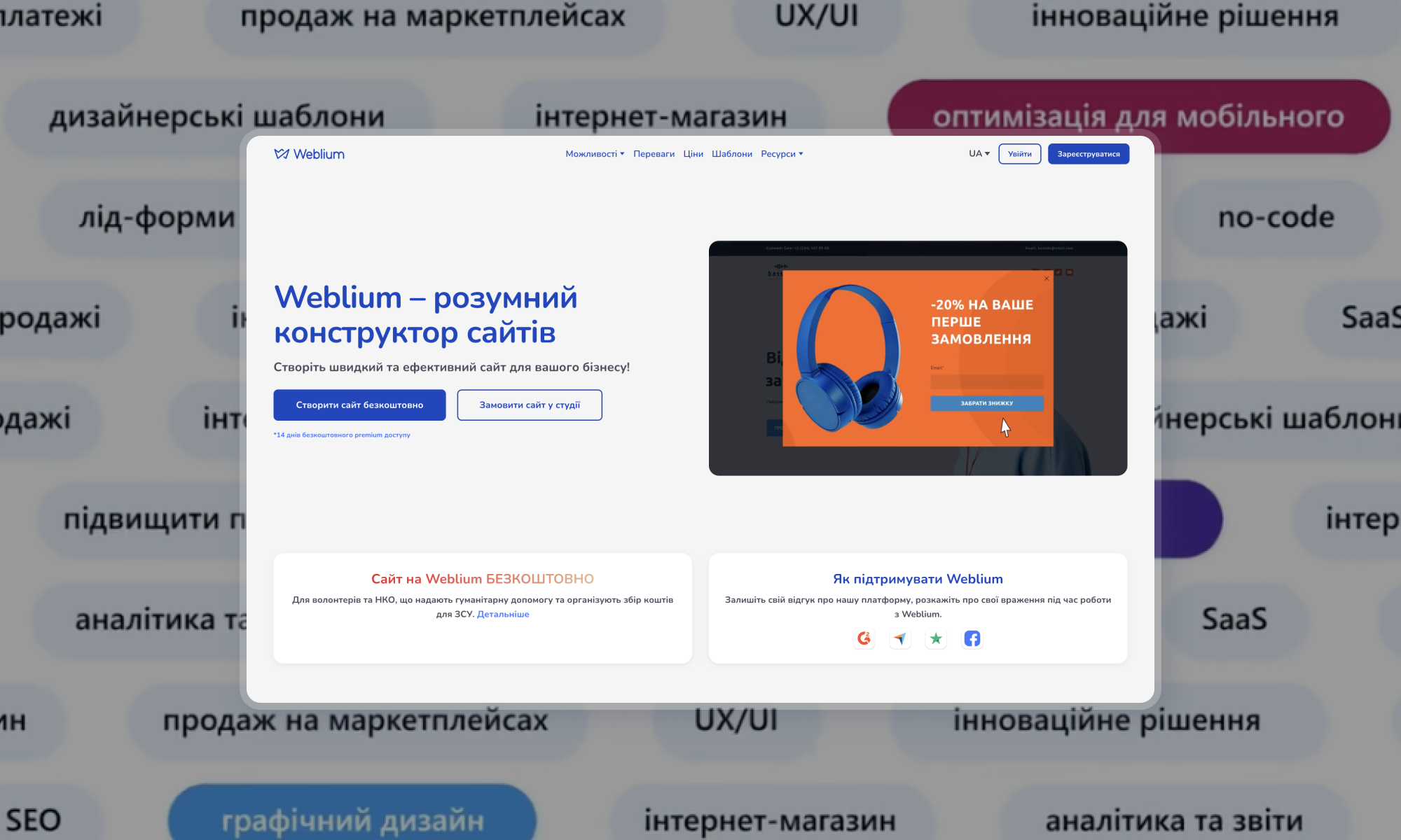 Weblium допоміг українським волонтерам створити понад 300 професійних сайтів. Загальна сума допомоги - понад 1 млн. грн.